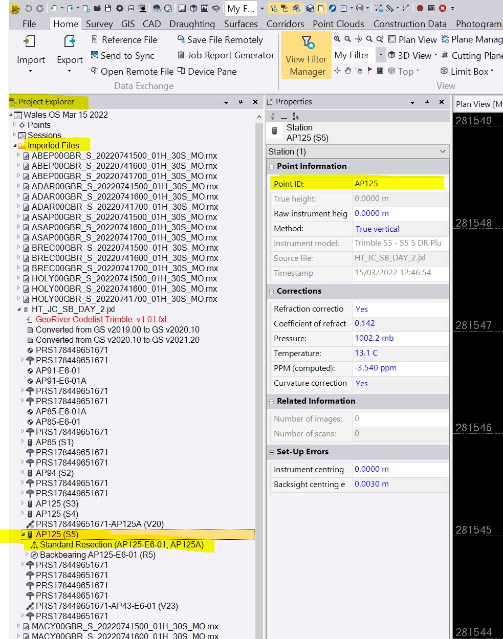 Project Explorer and Properties to rename the point given for a resection setup.